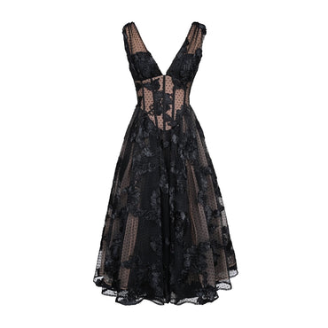 Black Deep V-neck Mesh A- Line High-end Evening Dress
