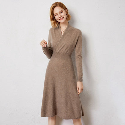 Mid-collar Long Slim Cross Over-the-knee V Cashmere Dress