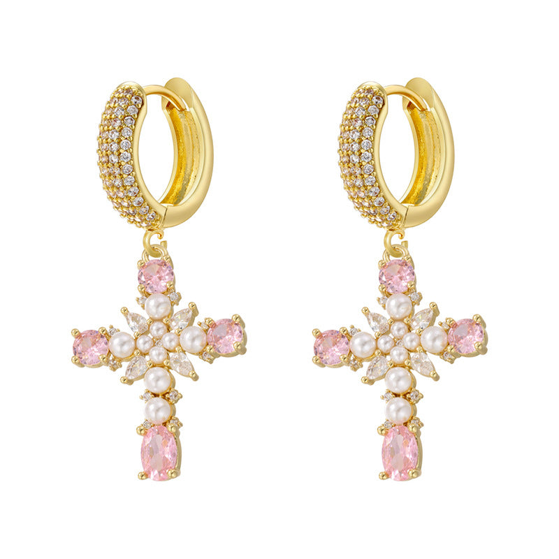 European And American Entry Lux Copper Plating 18K Gold Inlaid Colorful Crystals Cross Earrings