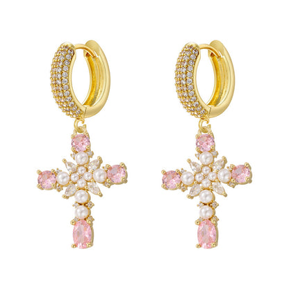 European And American Entry Lux Copper Plating 18K Gold Inlaid Colorful Crystals Cross Earrings