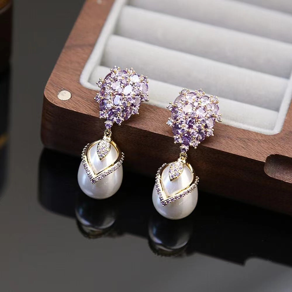 Sterling Silver Needle Zircon Inlaid Earrings French Entry Lux Style Retro