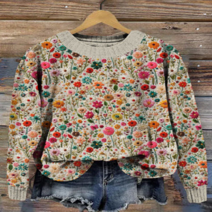 Little Flower Digital Printed Round Neck Sweater