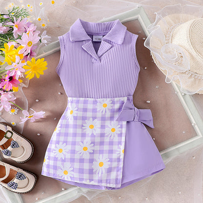 Girls' Fashion Plaid Stitching Shorts Suit