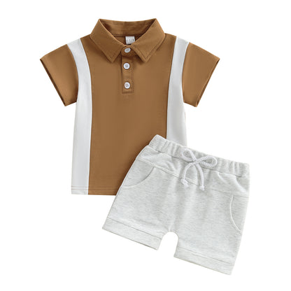 Farblich passendes T-Shirt mit Revers für Jungen, kurzärmliger Shorts-Anzug