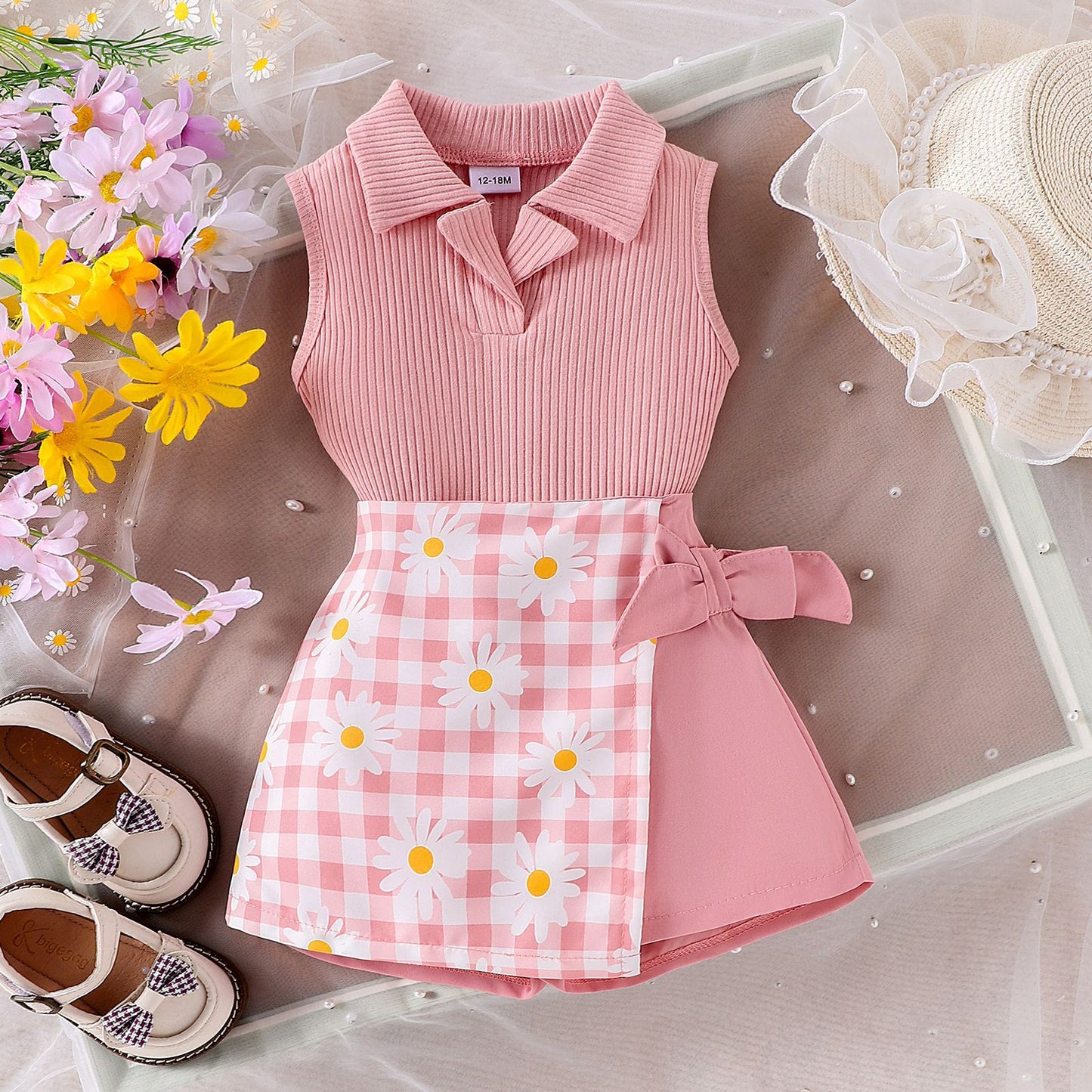 Girls' Fashion Plaid Stitching Shorts Suit
