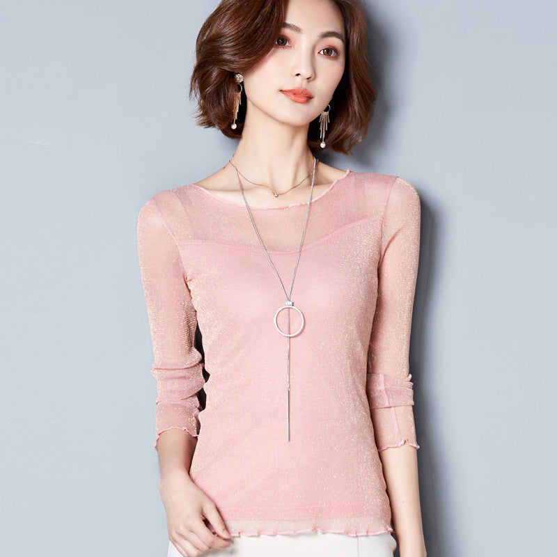 Simple Round Neck Gold And Silver Mesh Sexy Base Shirt - X2-Shopping