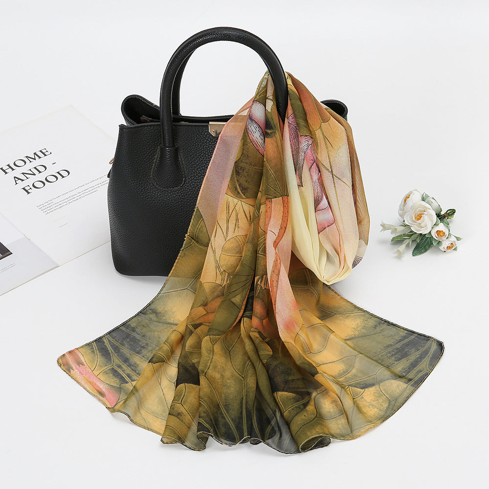 Thin Chiffon Lotus Pond Moonlight Printed Silk Scarf - X2-Shopping