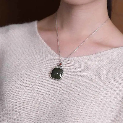 Natural Auspicious Clouds Ruyi Square Plate Inlaid S925 Sterling Silver Pendant
