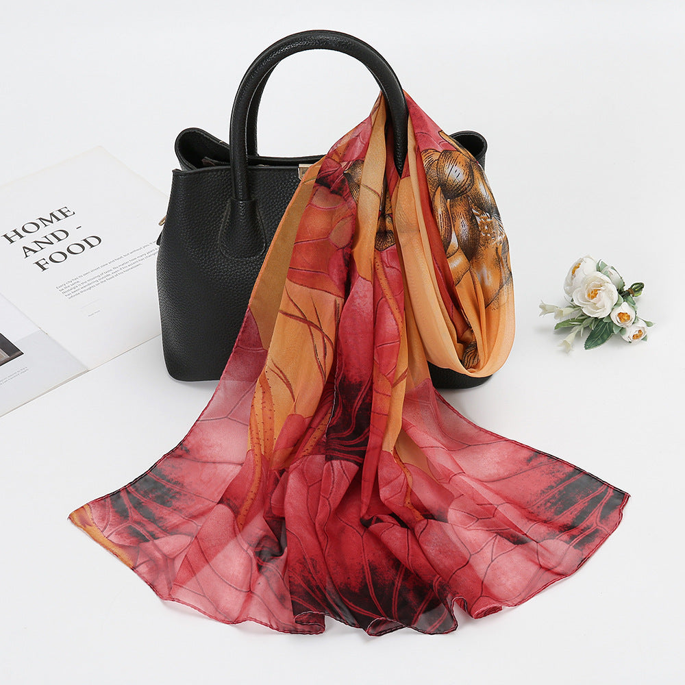 Thin Chiffon Lotus Pond Moonlight Printed Silk Scarf - X2-Shopping