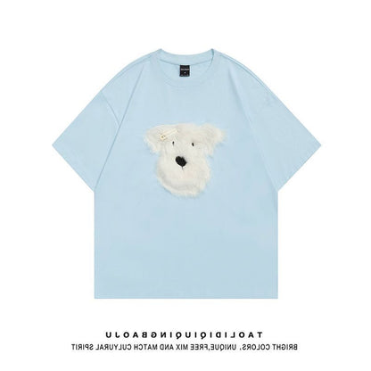 Cotton Plush Puppy Embroidered Short Sleeve