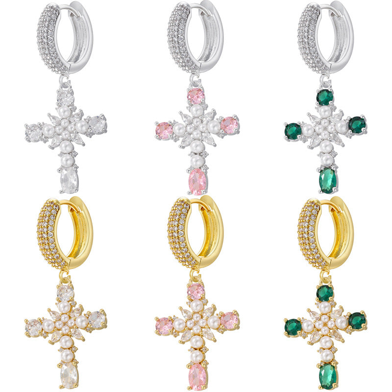 European And American Entry Lux Copper Plating 18K Gold Inlaid Colorful Crystals Cross Earrings