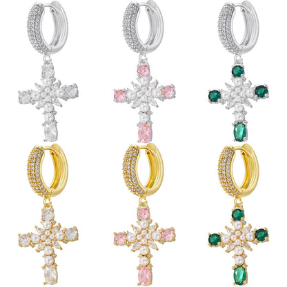 European And American Entry Lux Copper Plating 18K Gold Inlaid Colorful Crystals Cross Earrings