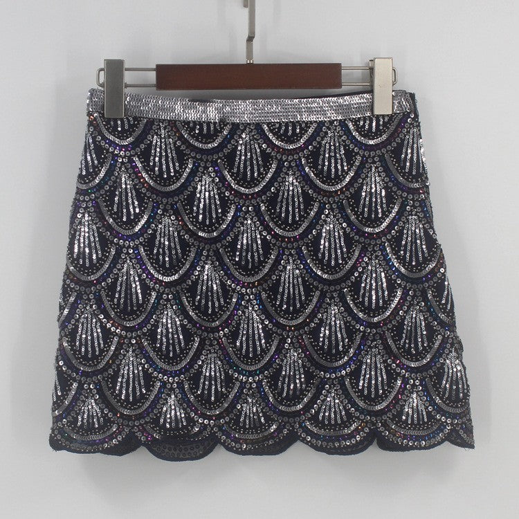 Heavy industry sequin wave edge hip hugging short skirt and half body skirt - X2-Shopping