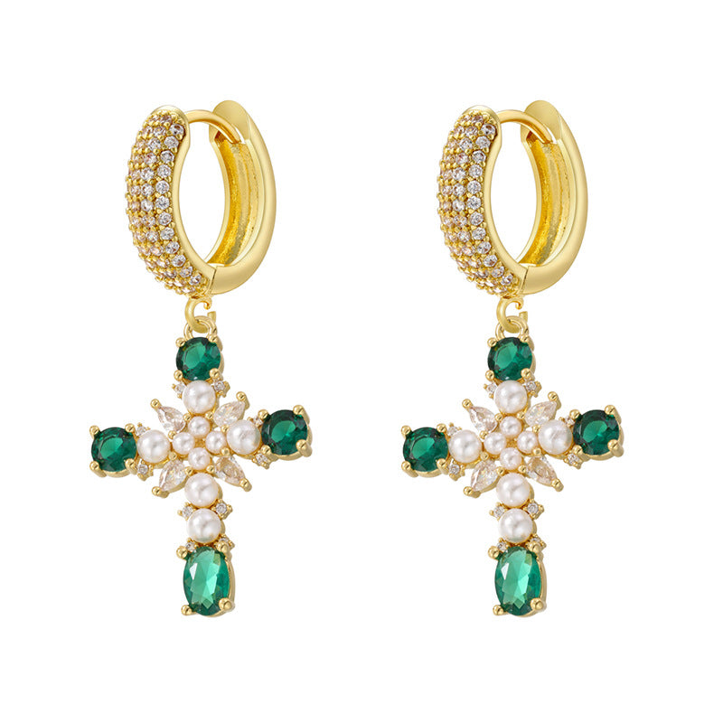 European And American Entry Lux Copper Plating 18K Gold Inlaid Colorful Crystals Cross Earrings