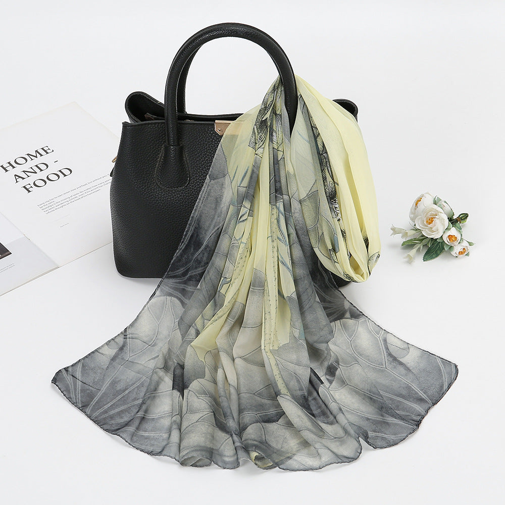 Thin Chiffon Lotus Pond Moonlight Printed Silk Scarf - X2-Shopping