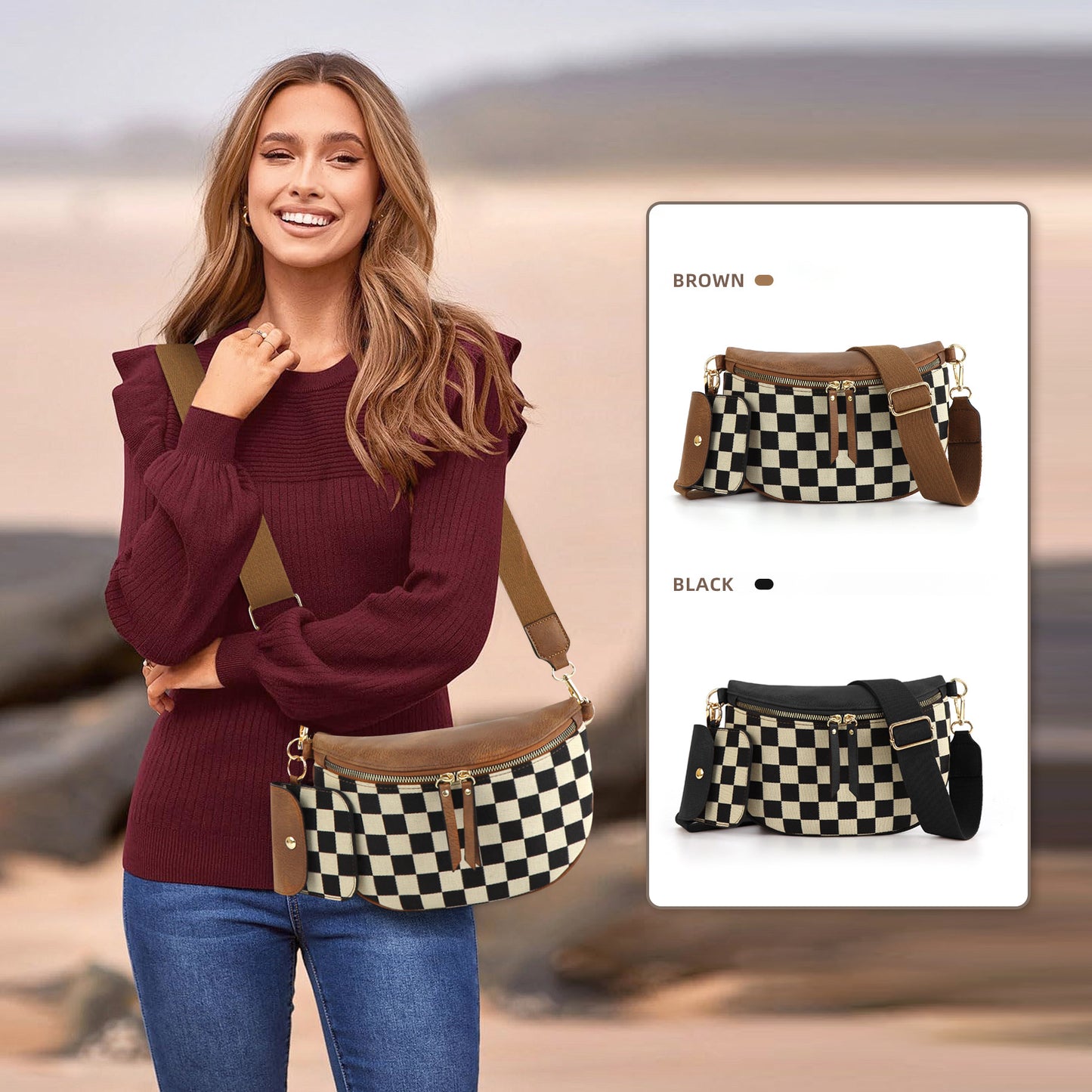 Trendy All-Match-Umhängetasche mit karierter Taille
