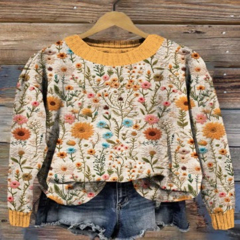 Little Flower Digital Printed Round Neck Sweater