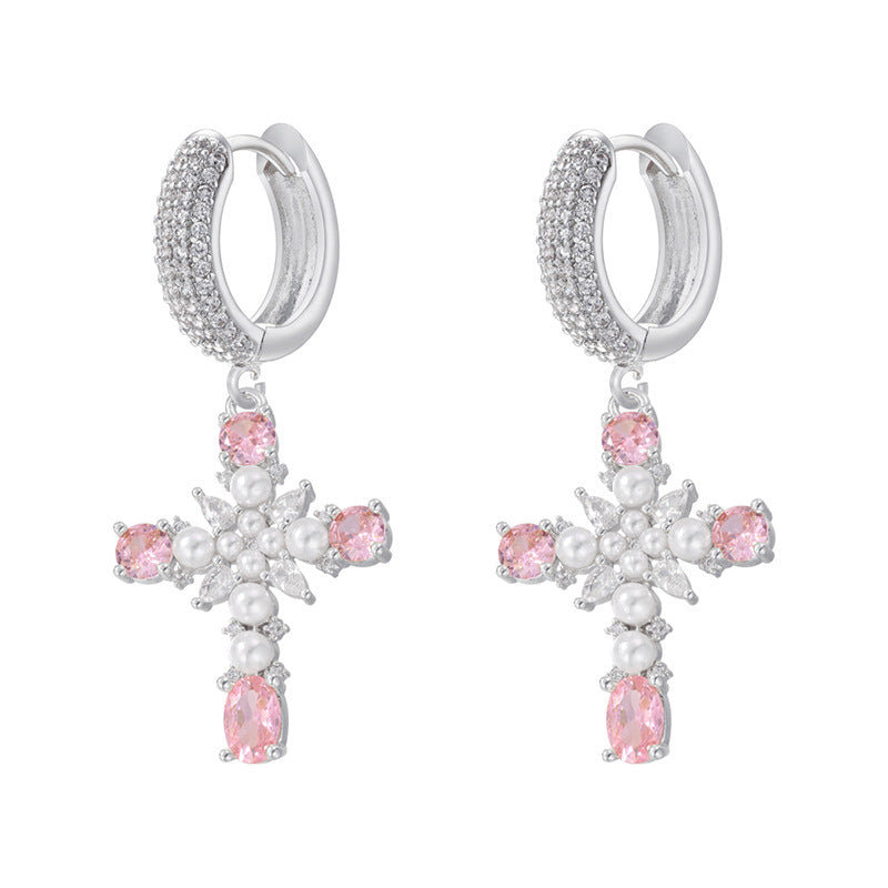 European And American Entry Lux Copper Plating 18K Gold Inlaid Colorful Crystals Cross Earrings