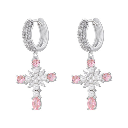 European And American Entry Lux Copper Plating 18K Gold Inlaid Colorful Crystals Cross Earrings