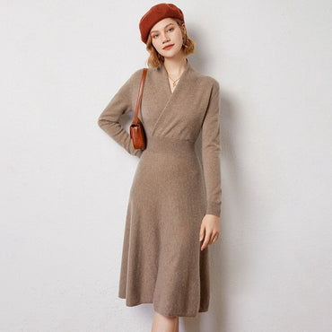 Mid-collar Long Slim Cross Over-the-knee V Cashmere Dress
