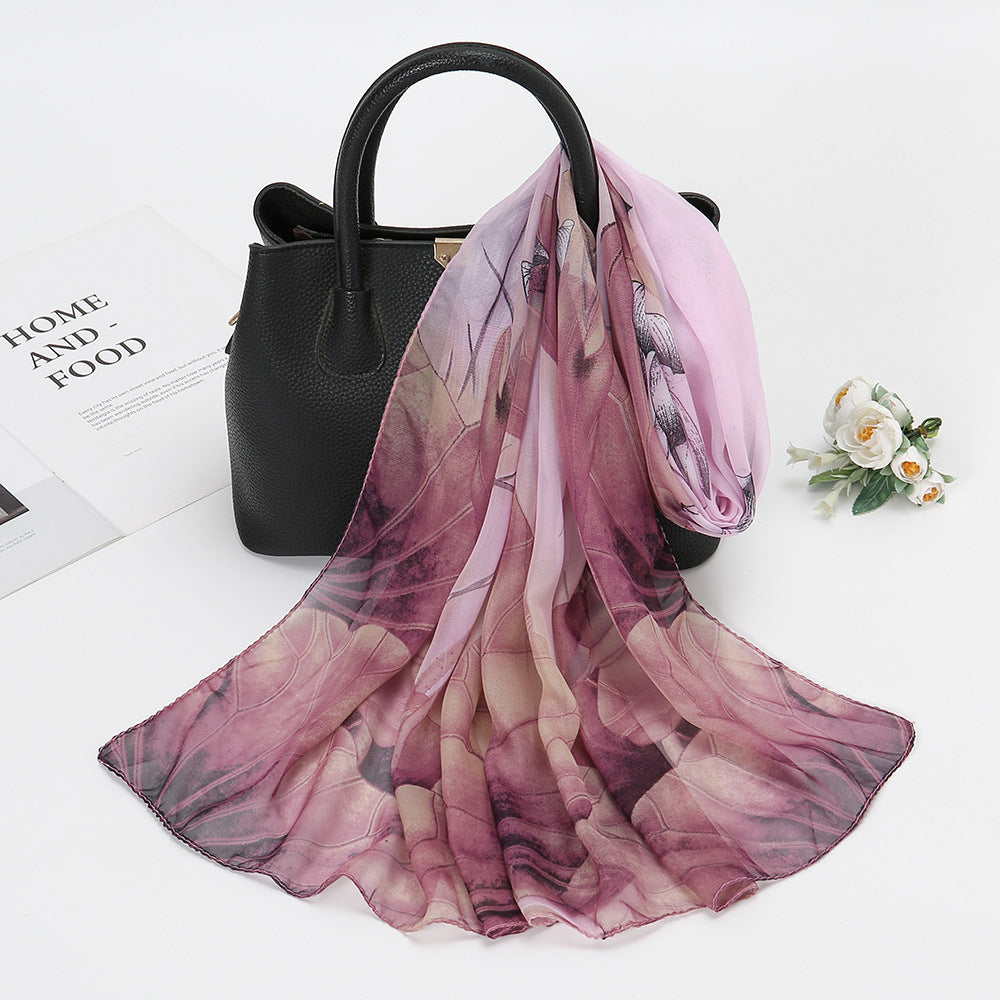 Thin Chiffon Lotus Pond Moonlight Printed Silk Scarf - X2-Shopping