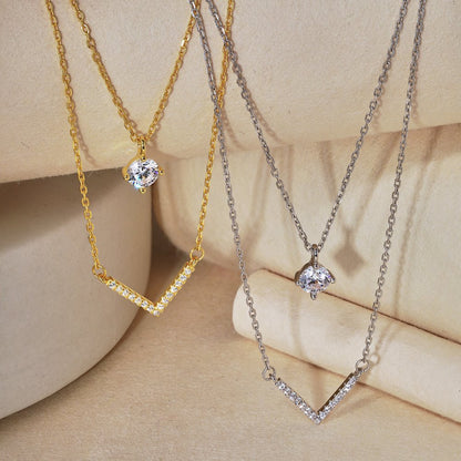 S925 Sterling Silver Plated 18K Gold Necklace Double Layered V-shaped Pendant