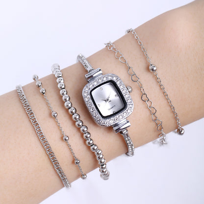 Decorative Alloy All-match Square Rhinestone-encrusted Chain Women's Quartz Bracelet Watch Small Beads Jewelry Suit