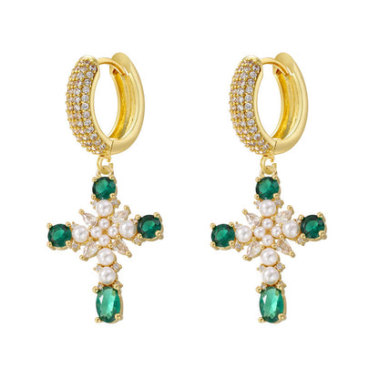 European And American Entry Lux Copper Plating 18K Gold Inlaid Colorful Crystals Cross Earrings