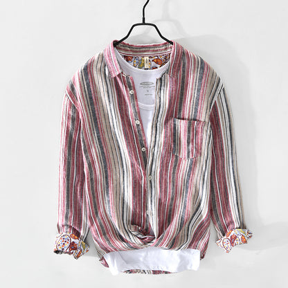Spring And Summer New Men's Casual Linen Striped Shirt