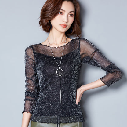 Simple Round Neck Gold And Silver Mesh Sexy Base Shirt - X2-Shopping