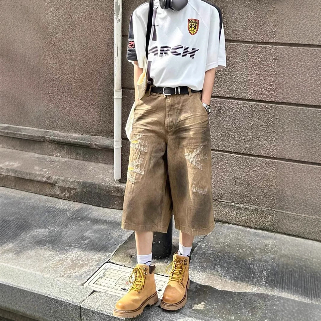 Washed Old Niche Design Straight Baggy Denim Shorts