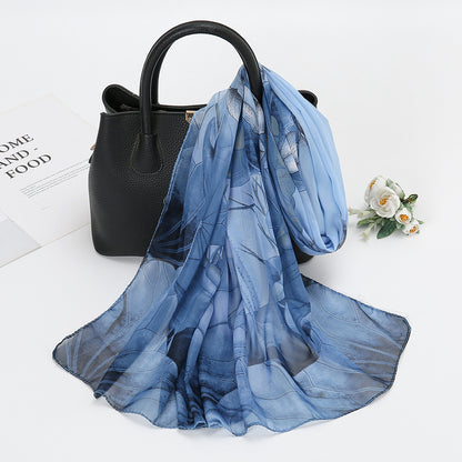 Thin Chiffon Lotus Pond Moonlight Printed Silk Scarf - X2-Shopping