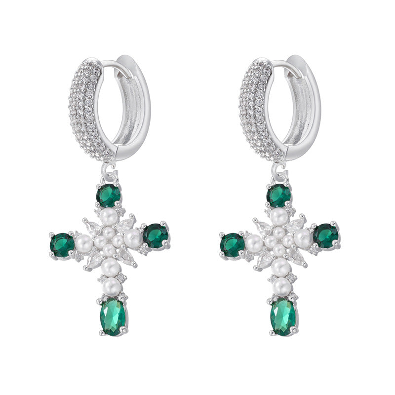 European And American Entry Lux Copper Plating 18K Gold Inlaid Colorful Crystals Cross Earrings