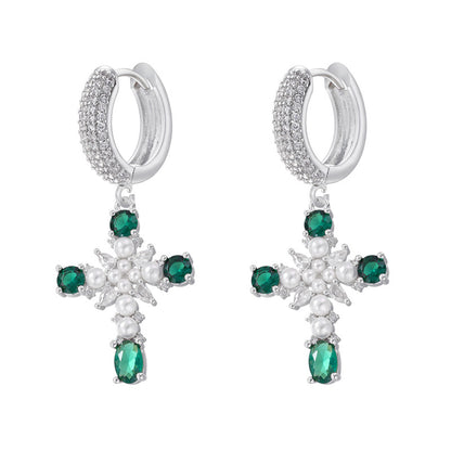 European And American Entry Lux Copper Plating 18K Gold Inlaid Colorful Crystals Cross Earrings