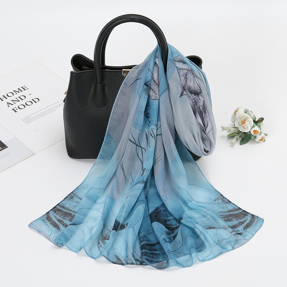 Thin Chiffon Lotus Pond Moonlight Printed Silk Scarf - X2-Shopping