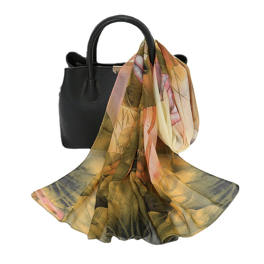 Thin Chiffon Lotus Pond Moonlight Printed Silk Scarf - X2-Shopping