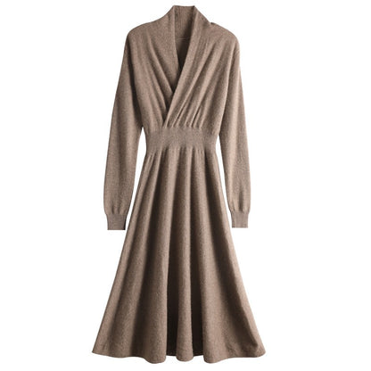 Mid-collar Long Slim Cross Over-the-knee V Cashmere Dress
