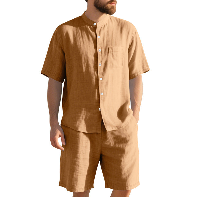 American Linen Suit Men's Summer Two-piece Suit Henry Collar Beach