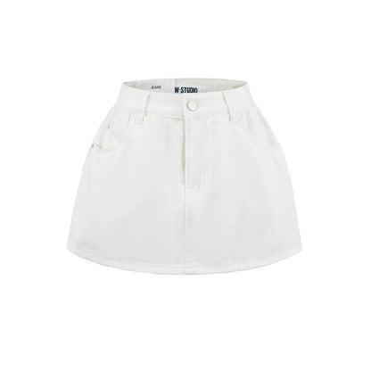 Retro Mid-low Waist Anti-exposure Denim A- Line Bubble Short Skirt