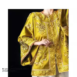 New Chinese Retro Machine Embroidery Gold Chinese Style Coat - X2-Shopping