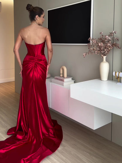 Tube Top Slit Red Extra Long Evening Dress - X2-Shopping
