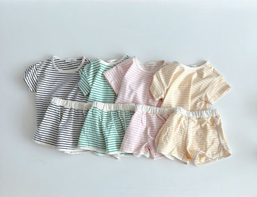 Breathable Stripes Homewear Short Sleeve Shorts Outwear Children's Clothing