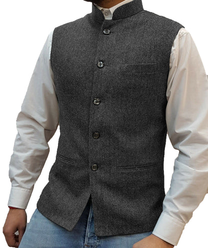 Zhongshan Collar Herringbone Pattern Vest Man