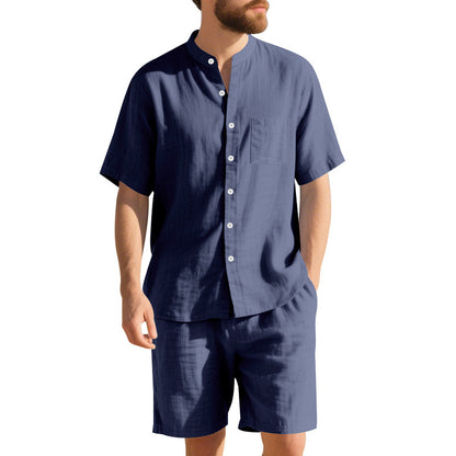 American Linen Suit Men's Summer Two-piece Suit Henry Collar Beach
