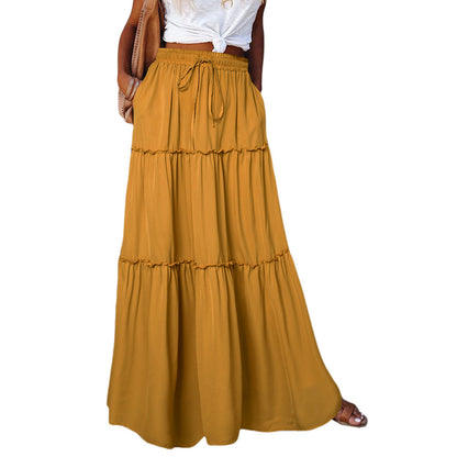 Women's Layered High Waist Elastic Lace-up Skirt With Wooden Ears - X2-Shopping