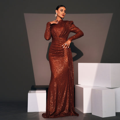 Long Sleeve Round Neck Sexy Slim Long Sequined Banquet Dress - X2-Shopping