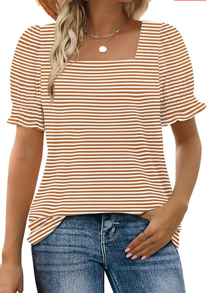 Spring And Summer New Fashion Simple U-neck Petal Sleeve Loose T-shirt - X2-Shopping