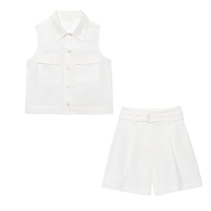 Pocket Decoration Vest With Belt Casual Shorts