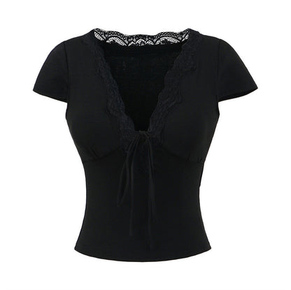 European And American Style Slim Chest Pad Lace V-neck Short Sleeve