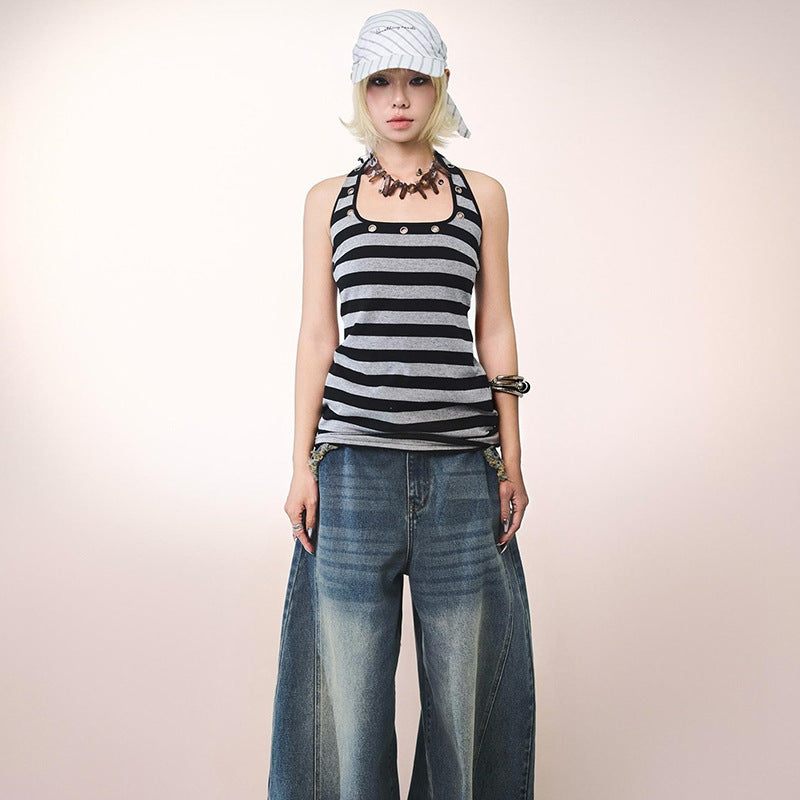 Hot Girl Comfortable Design Sense Striped Spaghetti Straps Female U Collar Sexy